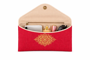 Pochette enveloppe en jute rouge avec broderie mandala dorée, sac à main de soirée écologique de créateur - Product Image 3