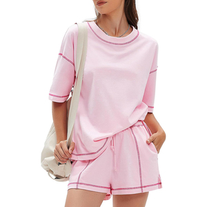 Women's Pink 2-Piece <b>Knitted</b> <b>Set</b> Crew Neck Short Sleeve Top With Shorts Solid Color Breathable Casual Spring Summer Wear - Product Image 1
