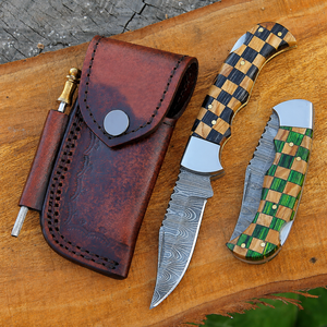 Handmade Damascus Pocket <b>Knife</b> 3in Back Lock Clip Point Serrated Edge <b>Folding</b> Olive Blue Wood Handle Birthday Groomsmen - Product Image 3