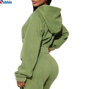 Top Selling Women's Olive Green Tracksuit <b>Set</b> Hooded Full Sleeve Loose Fit Casual Solid Color Cargo Pants Elastic Waist 2 Pcs - Product Image 2