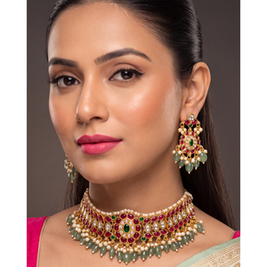 Indian Ethnic Sai Kundan <b>Gold</b> Plated Choker Necklace & Earring <b>Set</b> - Product Image 1