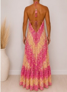 Women's Pink & Beige Paisley Print Boho <b>Halter</b> Maxi <b>Dress</b> A-Line Sleeveless Loose Fit <b>Summer</b> Casual Floor-Length Ruffles - Product Image 2