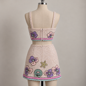 Conjunto de Vestido Mini de Dos Piezas con Cuentas Florales y Corte en A, con Perlas y Cristales, Sin Mangas, Transpirable, con Cintura Natural, para Fiesta, para Mujer - Product Image 3