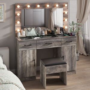 Large Lighted <b>Mirror</b> <b>Makeup</b> Vanity Desk Set with 3 Drawers 2 Cabinets Wood Top Vanity Table for Dressing Power Outlet Included - Product Image 3