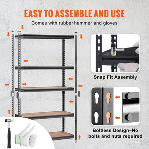 Scaffalatura da Garage a 5 Ripiani Regolabili, Capacità 900 Kg, Unità di Stoccaggio in Metallo, Scaffale Multiuso Nero - 18' - Product Image 4
