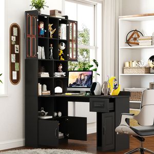 Modern Style L-Shaped Corner Computer <b>Desk</b> Drawers Bookshelf Hutch Black Home Office Study <b>Desk</b> 2-in-1 Design for <b>Large</b> Working - Product Image 2
