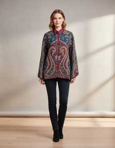 Pure <b>Wool</b> Bohemian Mandarin Collar Paisley Long Casual Winter <b>Capes</b> with Soft Jamawar Woven Fabric and Button Closure - Product Image 2