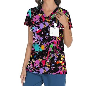 Unisex Customized Printed Scrub Top Short Sleeve V-Neck Polyester Woven Hospital Uniform Blouse with <b>Name</b> <b>Tag</b> Pocket - Product Image 1