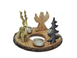Candelabro Decorativo de Metal Mixto con Forma de Reno y Árbol, con Base de Madera, Centro de Mesa Navideño - Product Image 1