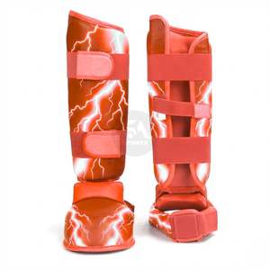 Protège-tibias de boxe en cuir PU motif marbré tourbillonnant rouge-orange, équipement d'entraînement Muay Thai MMA, rembourrage en mousse haute densité, protections. - Product Image 1