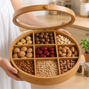 Caja de Almacenamiento de Frutos Secos de Madera Hecha a Mano, Redonda, con 9 Compartimentos, Organizador de Nueces con Tapa de Vidrio, Contenedor para Servir en la Cocina - Product Image 1