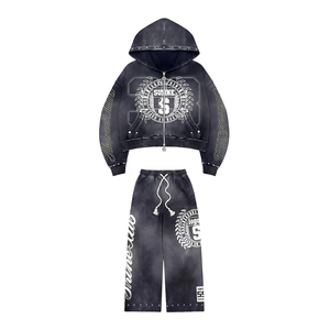 Conjunto Deportivo Personalizado de Glory Manufacturers, Sudadera con Cierre y Pantalones Deportivos Anchos con Pedrería, Estilo Urbano - Product Image 4