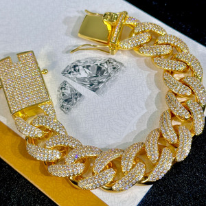 Unisex Solid Yellow Gold Plated Hip Hop Style <b>Cuban</b> <b>Link</b> <b>Bracelet</b> Iced Out Moissanite Diamond Tennis Chain - Product Image 4