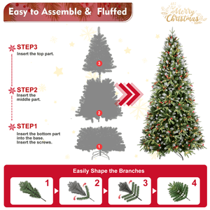 Premium 6ft <b>Artificial</b> Christmas <b>Tree</b> Green LED Lit 1593PE/PVC Mixed Branch Tips Red Fruit Pine Cone Hinged Foldable Design - Product Image 3