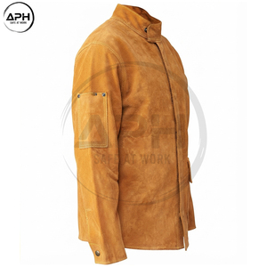 New Arrival Custom Genuine Leather Welding Jacket <b>Heavy</b> <b>Duty</b> Tan Leather Workwear <b>Coat</b> Long Sleeve <b>Stand</b> Collar Utility Pockets - Product Image 3