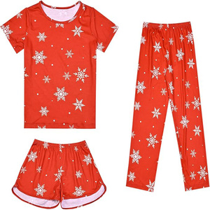 Ensemble de pyjama unisexe 3 pièces à imprimé flocon de neige rouge, t-shirt, pantalon long, short, coton respirant, vêtements de nuit d'été, vêtements du Bangladesh - Product Image 1