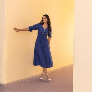 Women Vintage Style Cotton Linen Maxi <b>Dress</b> Short Sleeve V Neck Loose Fit Plain <b>Boho</b> <b>Summer</b> Midi <b>Dress</b> - Product Image 3