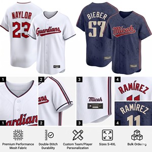 เสื้อเบสบอลซอฟต์บอลปักลาย Cleveland Guardian USA ไซส์ใหญ่ ระบายอากาศได้ดี ขายส่ง # 11 โฮเซ่ รามิเรซ # 38 สตีเว่น ควอน # 23 - Product Image 6