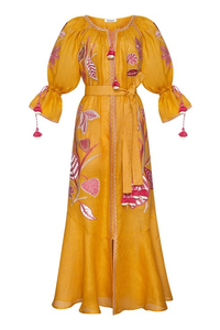 Robe bohème en coton pour femmes, jaune, broderie florale, manches bouffantes, coupe ample, taille à nouer, robe maxi - Product Image 3