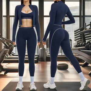 Women's Solid 3-Piece Seamless Breathable Yoga Set <b>Zip</b>-<b>Up</b> Crop Jacket Sports Bra High-Waist Leggings Front Logo Four-Way Stretch - Product Image 5