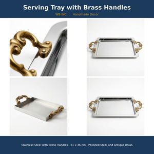 Bandeja de Servir Rectangular de Acero Inoxidable con Asas de Latón Ornamentadas, Bandeja Otomana de Metal Pulido, Elegante Bandeja para Bebidas para Decoración del Hogar - Product Image 4
