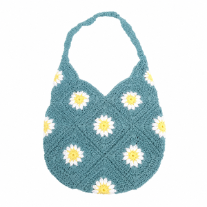 Bolso Tote de Ganchillo para Mujer, Diseño de Margaritas Azules, Estilo Bohemio, Bolso de Hombro Hecho a Mano para Playa de Verano, Cierre Abierto - Product Image 1