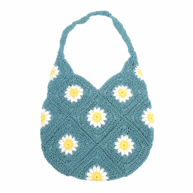 Crochet Women's Tote Bag Blue Daisy Pattern Bohemian Style Summer Beach Handmade Shoulder Bag Open Closure