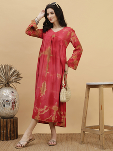 Vestido Casual de Rayón con Estampado Tie-Dye Rojo Hecho a Mano para Mujer, Estilo Línea A, Ligero y Transpirable, Ideal para Uso Diario y Fiestas - Product Image 5