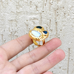 Exclusive design natural mother of pearl labradorite green onyx <b>adjustable</b> <b>ring</b> solid brass 18k gold plated bold fashion <b>rings</b> - Product Image 5