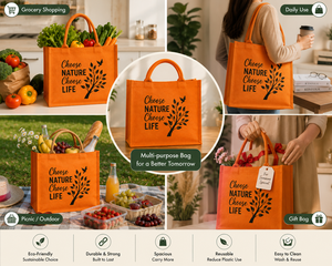 Bolsa de Compras de Yute Grande Naranja con Diseño de Hojas para Compras, Elegir la Naturaleza, Elegir la Vida - Product Image 3