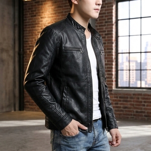 Blouson moto réversible en cuir véritable imperméable pour homme, col montant, fermeture éclair, coupe ajustée, coupe-vent, hiver, manches classiques - Product Image 6
