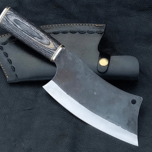 Cuchillo de carnicero hecho a mano de acero de Damasco, espiga completa, mango de madera negra y gris, funda de cuero genuino, estilo vintage - Product Image 1