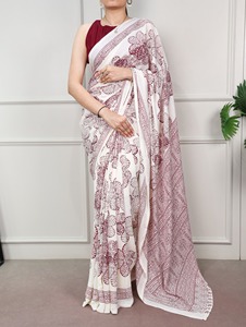 Conjunto de Sari con Estampado Floral Blanco, Lino y Algodón, Traje Tradicional Indio Pakistaní para Mujer, Ropa para Bodas y Fiestas - Product Image 4