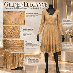 Robe de cocktail à franges perlées couleur or champagne avec manches à col en V |   Robe de soirée évasée longueur genou avec broderie de perles à motif diamant - Product Image 5