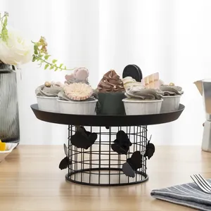 Round Metal Cake Platter With 5 Cupcake Holders Black Wire Base Elegant Display Stand for Party Decor - Product Image 2