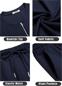 Conjunto de camiseta y pantalones cortos de verano para hombre, color azul marino, con cuello de cremallera, de secado rápido, tejido de punto, color sólido, ropa deportiva. - Product Image 5