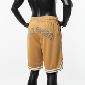 Short de basketball en molleton de coton 320 GSM de qualité supérieure, couleur moutarde, avec logo personnalisé par transfert thermique et strass - Product Image 5