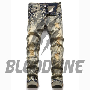 Jeans de Mezclilla para Hombre BLOODLINE, Corte Recto, Desgastados, Cintura Alta, Ajustados, de Algodón, Estilo Casual de Verano, con Estampado de Estrellas - Product Image 6