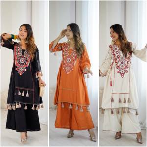 Ensemble Kurta et Palazzo brodé pour femme, style indien pakistanais, avec travail de miroirs et pompons, tenue ethnique - Product Image 1