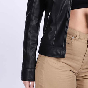 Women's High Quality Mid Length Leather Jacket Bomber for Autumn Winter Plain Dyed with Solid Pattern - Product Image 6