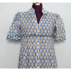 Robe midi à imprimé floral en coton 100% écologique pour femmes, col en V, manches courtes, poches, décoration boutonnée, robe de bureau pour femme - Product Image 2