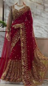 Luxury Maroon <b>Red</b> Bridal Saree Heavy Gold Embroidery Quick Dry Designer Indian Wedding Party Wear Ethnic <b>Blouse</b> All Seasons - Product Image 3