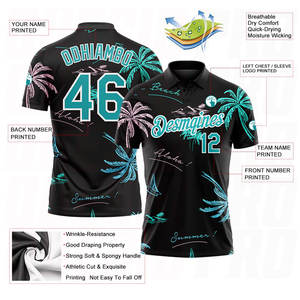 Polo de Golf Personalizado con Diseño en Negro, Verde Azulado y Blanco, Estilo Hawaiano con Palmeras, Rendimiento Deportivo, Absorción de Humedad, para Entrenamiento de Golf y Uso Casual - Product Image 6