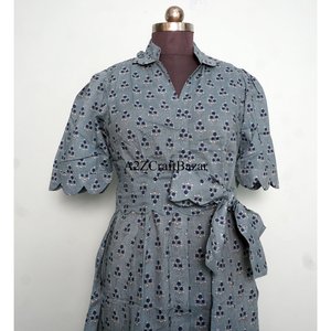 Robe longue midi trapèze 100 % coton pour femme, imprimée, col en V, boutonnée au dos, respirante, lavable, nettoyage à sec, écologique – Meilleure vente - Product Image 4