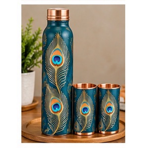 Botella de Agua de Cobre con Estampado de Flor de Loto Verde Pistacho y Tazas a Juego, Vajilla Portátil para Viajes - Product Image 6