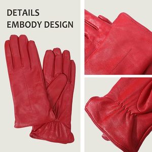 Leather <b>Gloves</b> Women Winter Full-Hand Touch Screen Warm Driving <b>Gloves</b> Lambskin Cashmere lined Red - Product Image 2