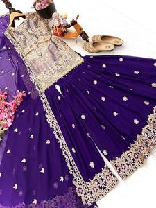Conjunto de Salwar Kameez Morado Bordado con Palazzo, Kurti de Georgette y Dupatta, Ropa Étnica Tradicional India para Bodas y Fiestas - Product Image 4