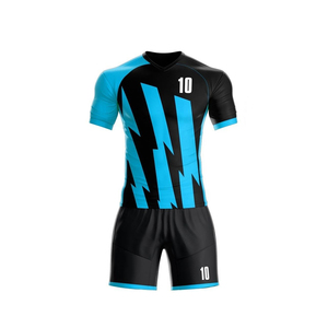 Conjunto de Camiseta de Fútbol con Estampado por Transferencia Térmica al por Mayor, Negro y Azul, 100% Poliéster, Manga Corta, para Hombre Adulto, Transpirable, para Todas las Temporadas - Product Image 5