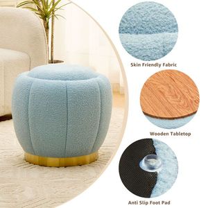 Modern Round Floral <b>Storage</b> Ottoman Soft Padded Teddy Velvet Footstool with Accent <b>Small</b> <b>Table</b> Plant Stand - Product Image 5