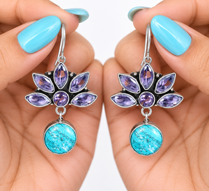 Boucles d'oreilles créoles tendance en turquoise style tribal bohème pour femme, motif floral ethnique, garantie commerciale, vente en gros, anniversaire - Product Image 6